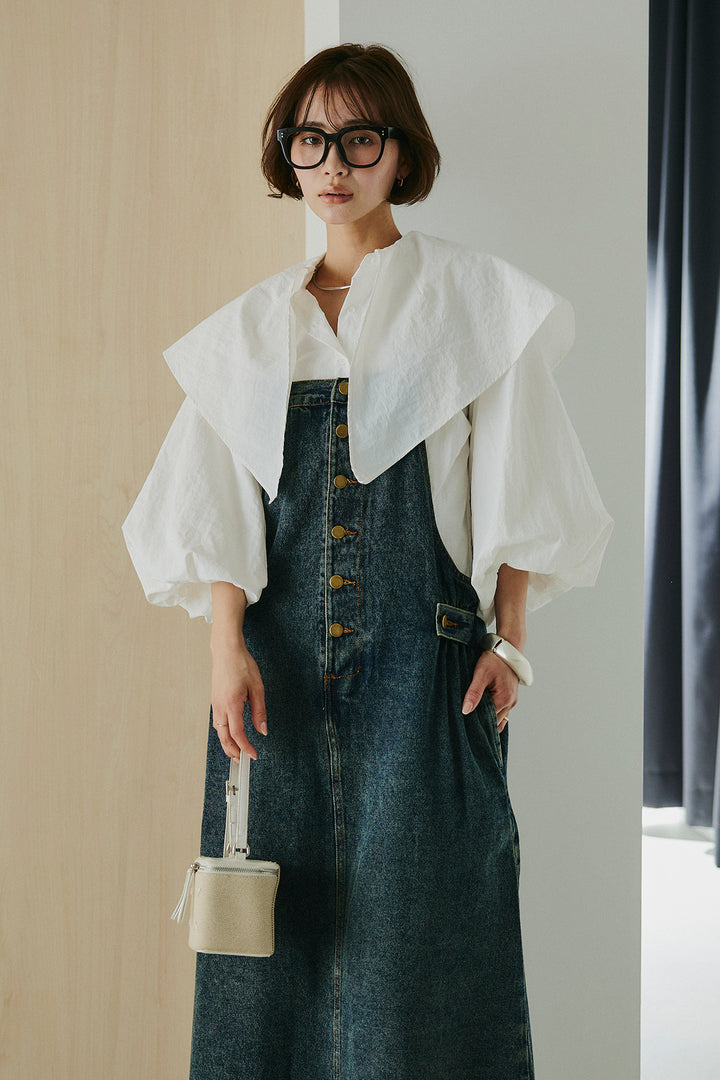 [SET]ケープカラーナイロンブラウス+配色ショルダーデニムサロペットスカート(2set)