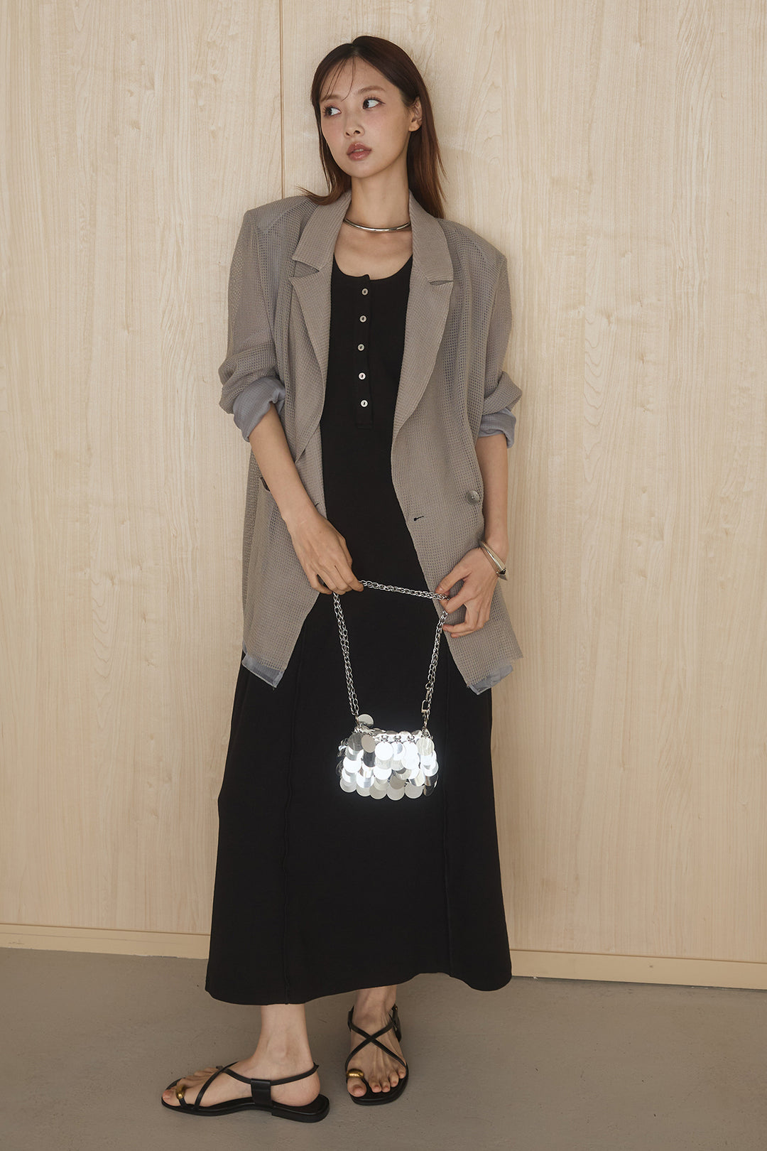 [SET]メッシュテーラードワイドジャケット+ノースリロングワンピース(2set)