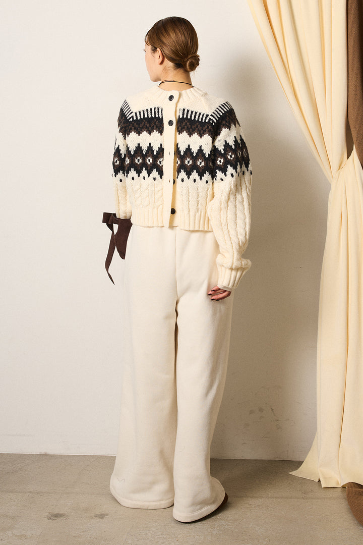 [SET]2WAY求心柄ジャガードショートカーディガン+裏起毛スウェットワイドパンツ+2WAY袖コード刺繍クルーネックプルオーバー(3set)