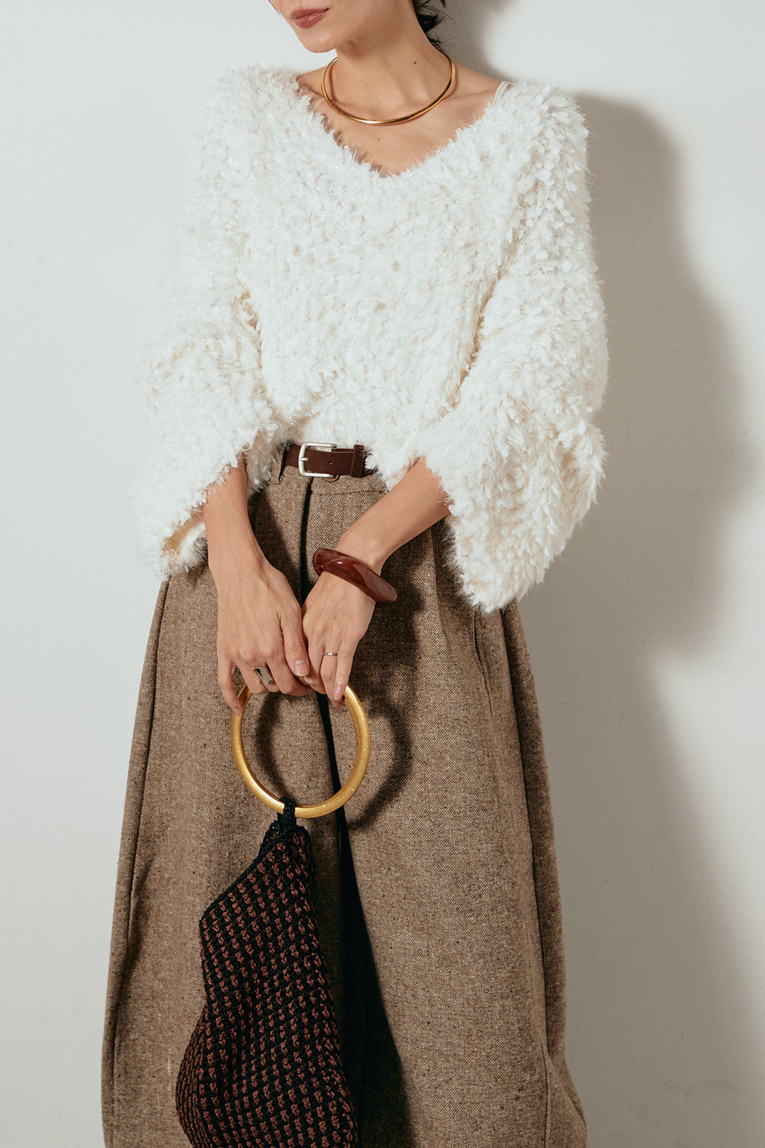 [SET]深Vネックチョウチョヤーンニットトップス+ベルト付きネップツイードカーブパンツ(2set)