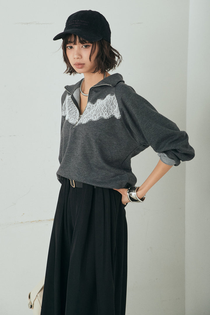 [SET]リバーレースハーフジップ裏毛スウェット+ベルト付きタックデザインハイウエストロングパンツ(2set)