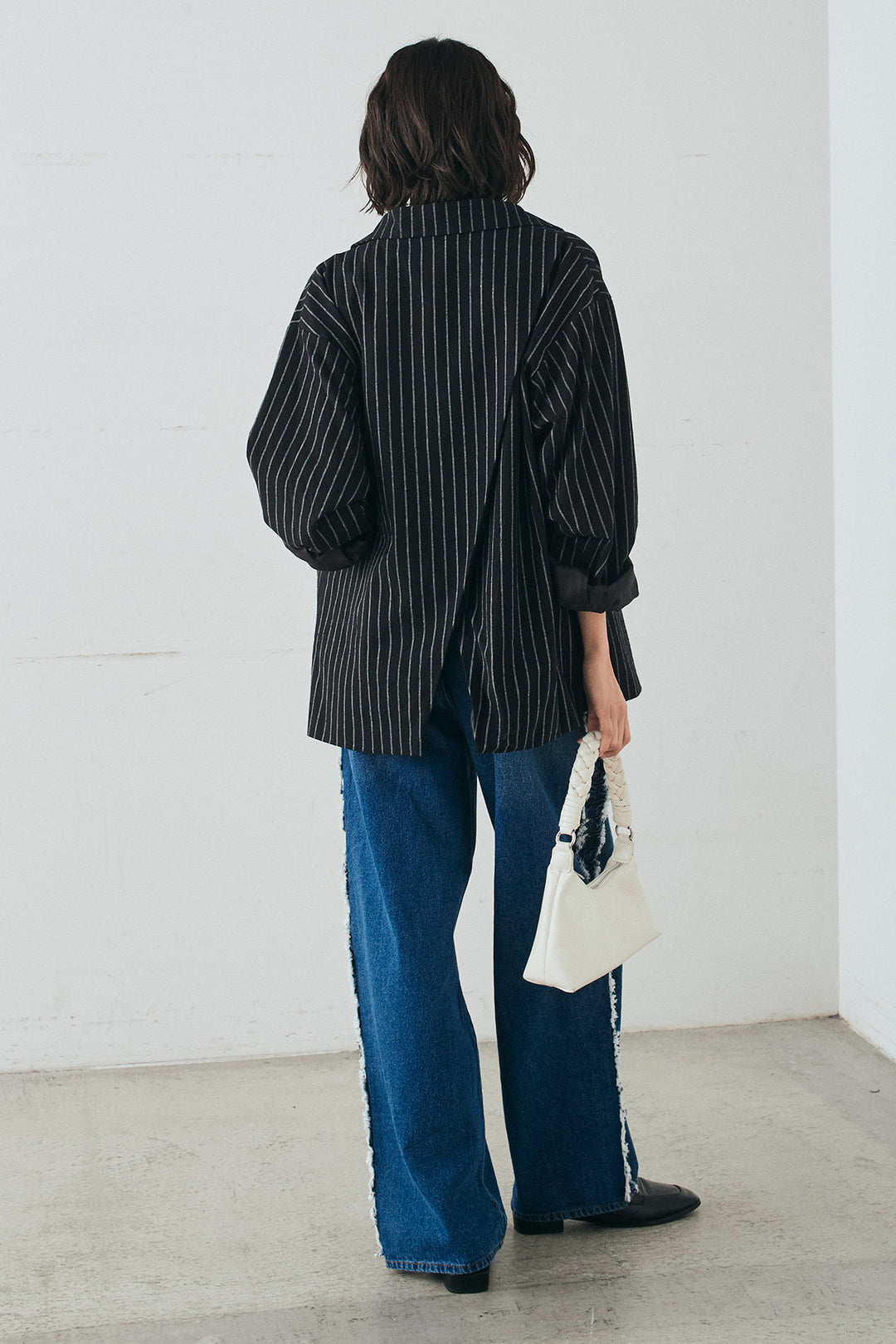 [SET]リネンライクストライプテーラードジャケット+デニムサイドフリルパンツ(2set)