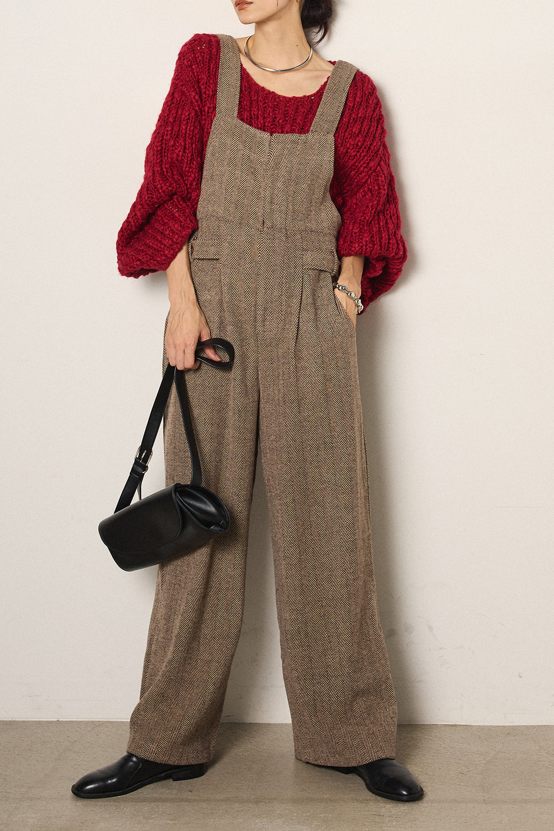 [SET]チャンキースラブニットクロップドプルオーバー+クラシックヘリンボーンサロペット(2set)