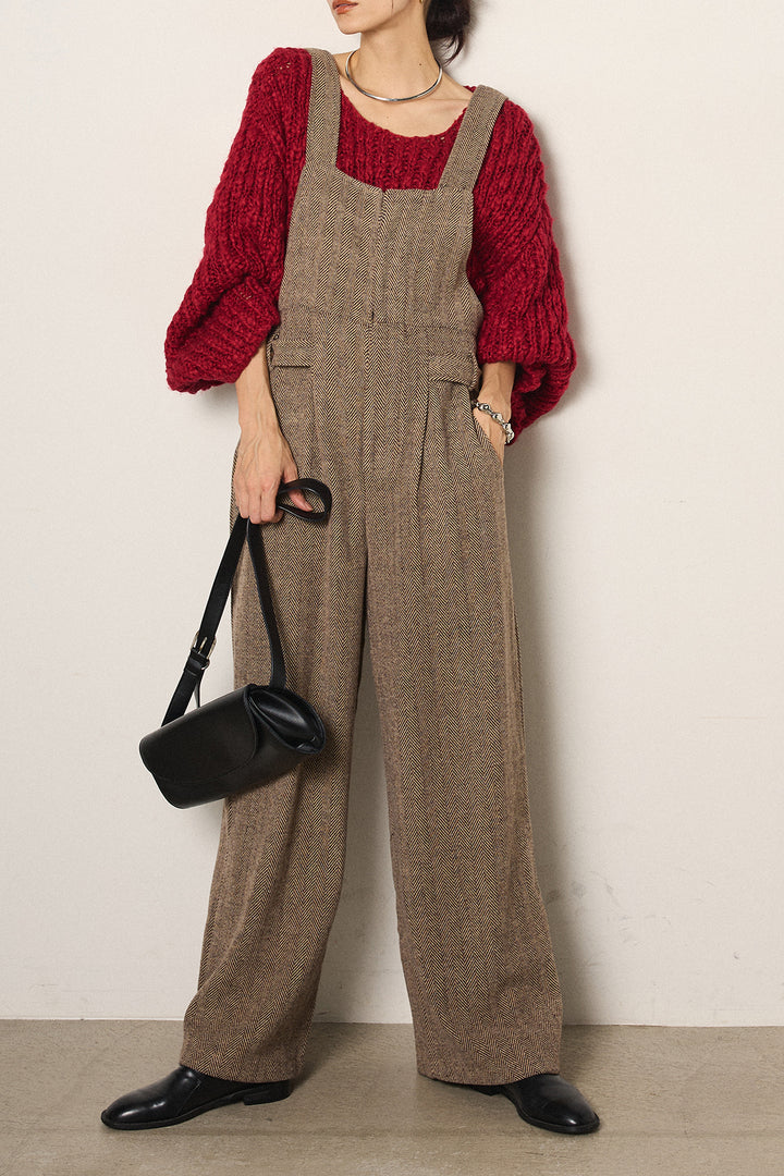 [SET]チャンキースラブニットクロップドプルオーバー+クラシックヘリンボーンサロペット(2set)