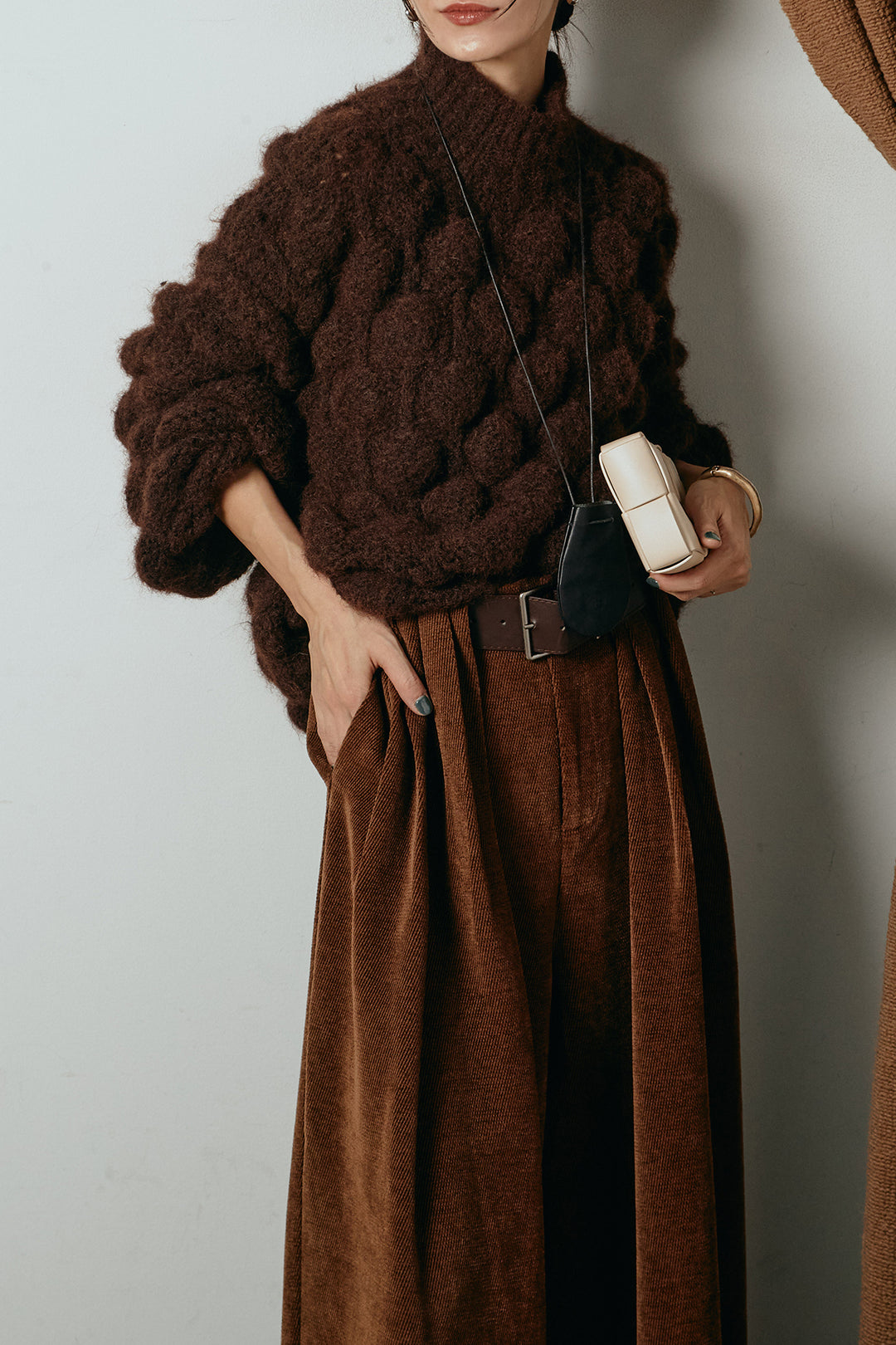 [SET]ボリュームポップコーンニットトップス+ベルトループコーデュロイワイドパンツ(2set)