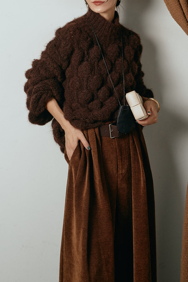 [SET]ボリュームポップコーンニットトップス+ベルトループコーデュロイワイドパンツ(2set)