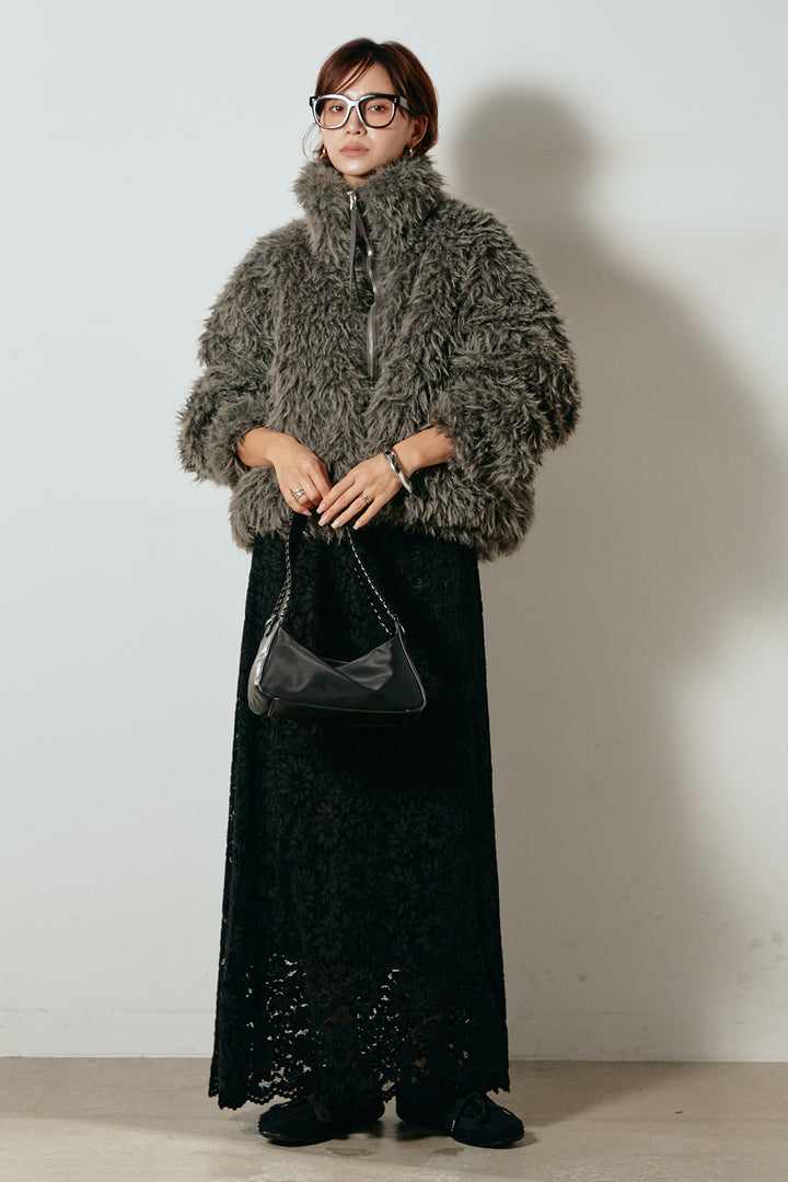 [SET]ミックスシープファースタンドブルゾン+花柄刺繍ベロアフレアスカート(2set)