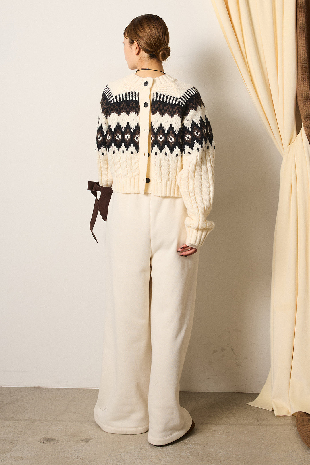 [SET]2WAY求心柄ジャガードショートカーディガン+裏起毛スウェットワイドパンツ(2set)