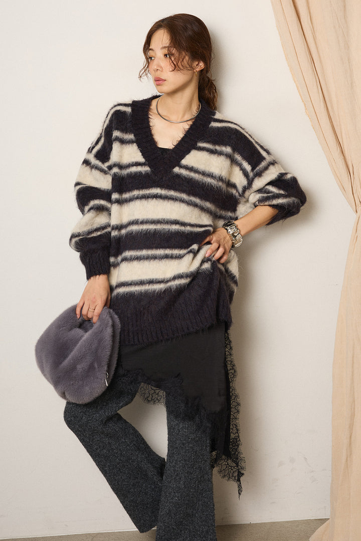 [SET]ルーズVネックボーダーニットトップス+杢ニットリブフレアパンツ(2set)