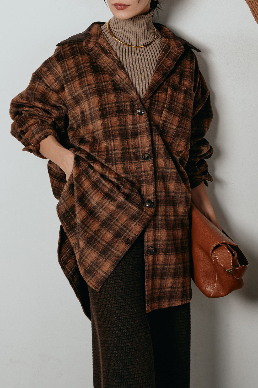 [SET]シャギーチェックシャツジャケット+ワイドリブニットイージーパンツ+リブニットシームレスタートルプルオーバー(3set)