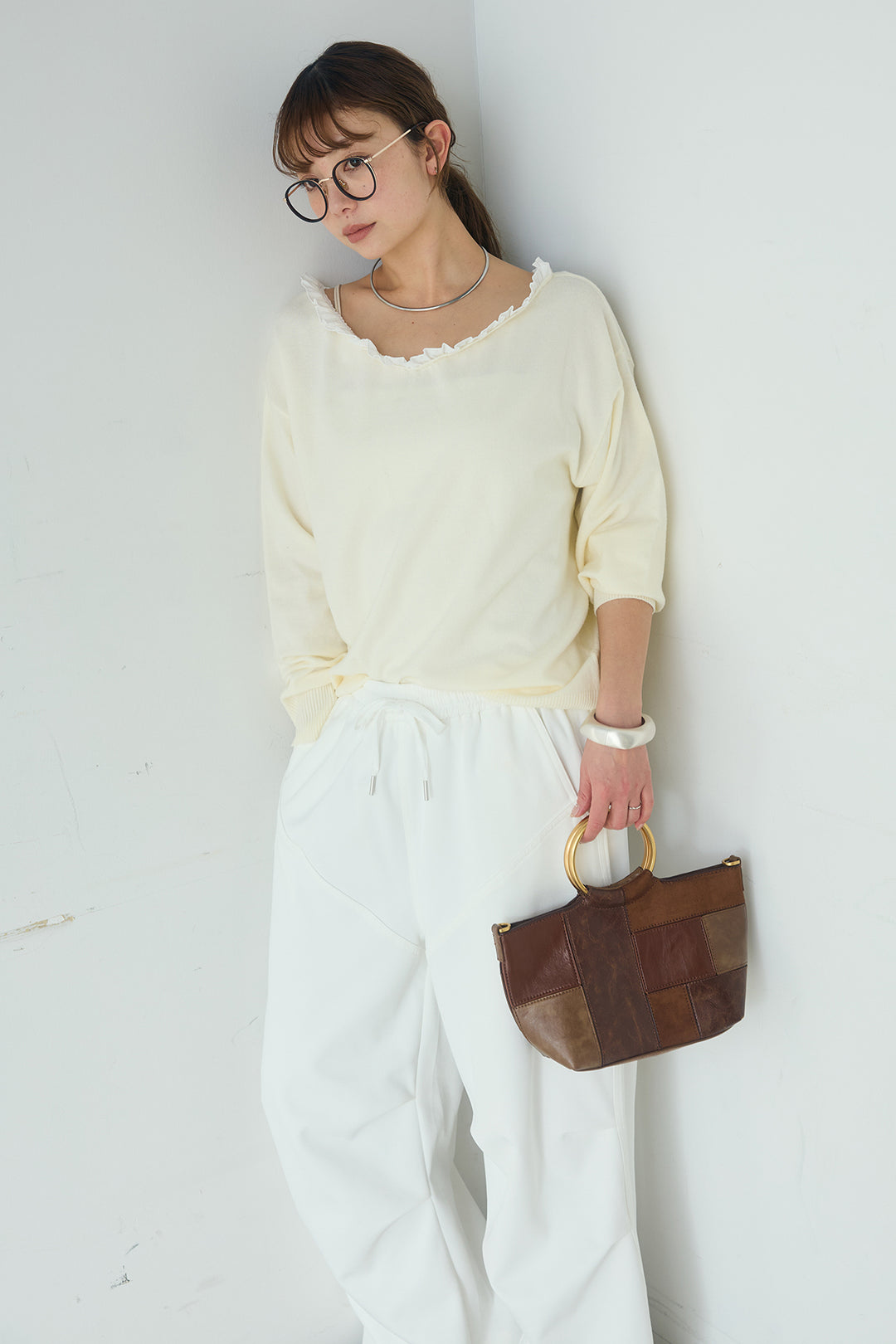 [SET]クールクール異素材コンビオフショルプルオーバー+ランダムタックデザインワイドパンツ(2set)