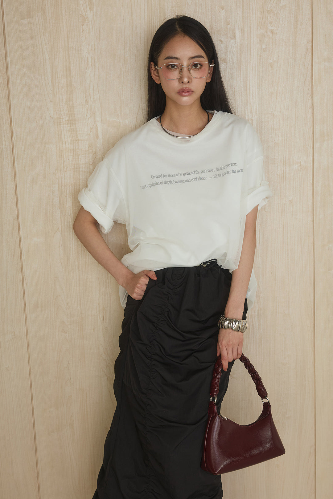 [SET]綿天竺Tシャツ×チュールトップス+ギャザーナロースカート(2set)