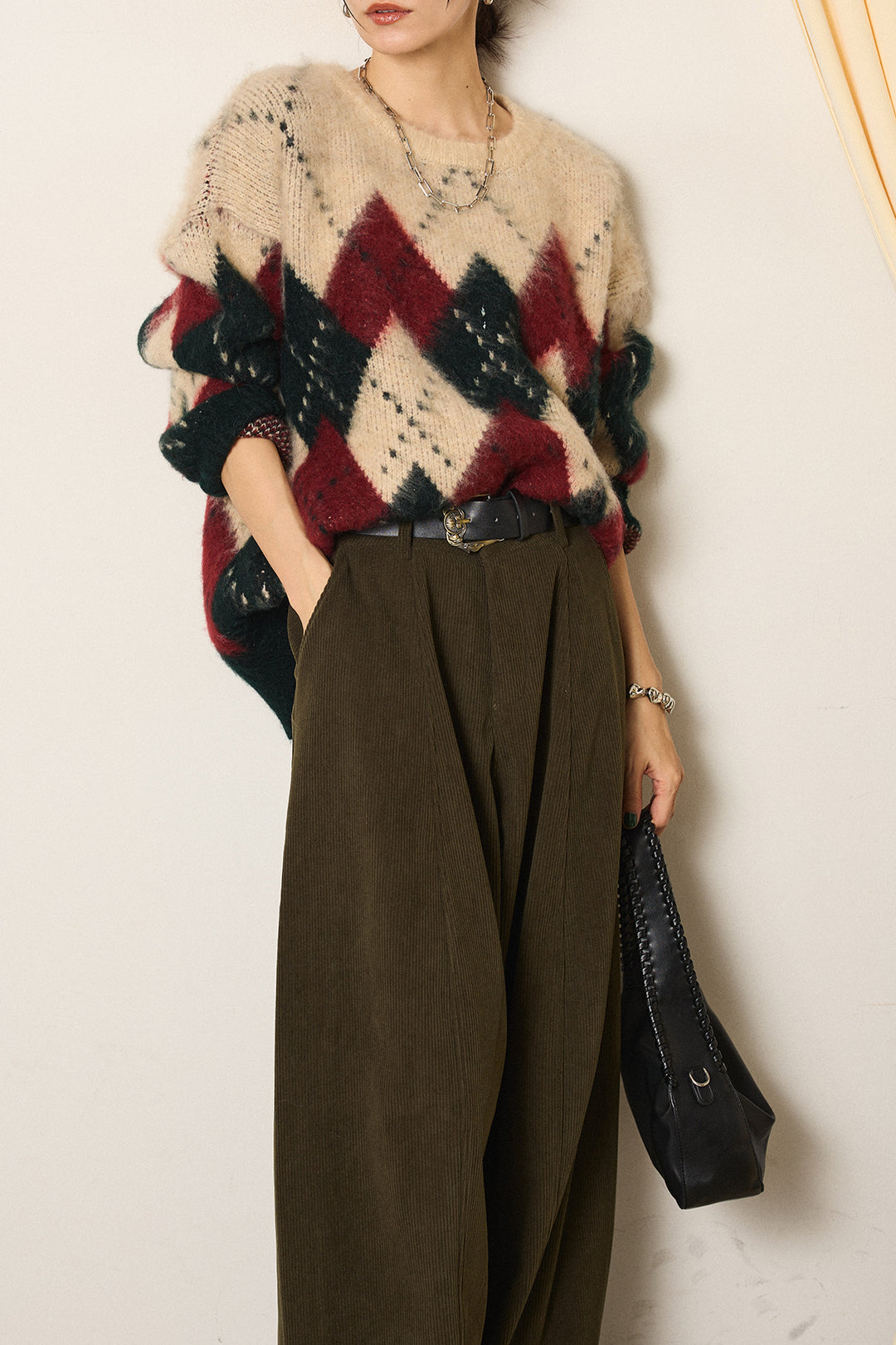 [SET]配色アーガイル柄ニットトップス+ベルト付きコーデュロイワイドパンツ(2set)