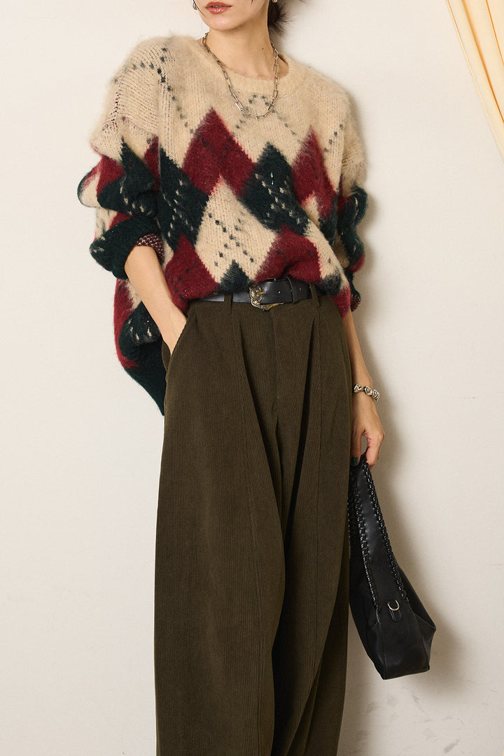 [SET]配色アーガイル柄ニットトップス+ベルト付きコーデュロイワイドパンツ(2set)