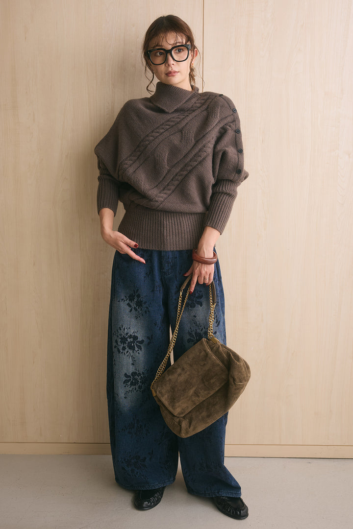 [SET]アシメカラーボタンケーブルニット+フラワーモチーフ刺繍カーブデニム(2set)