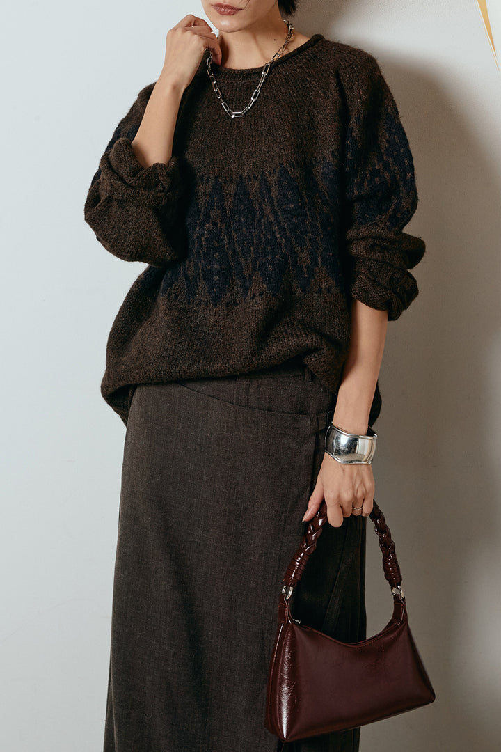 [SET]モノトーン柄ニットトップス+ラップ巻きワイドスラックス(2set)