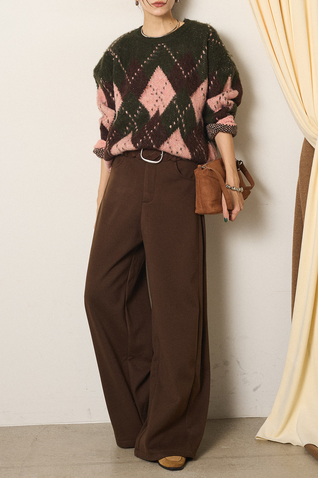 [SET]配色アーガイル柄ニットトップス+編みベルト付きワイドパンツ(2set)