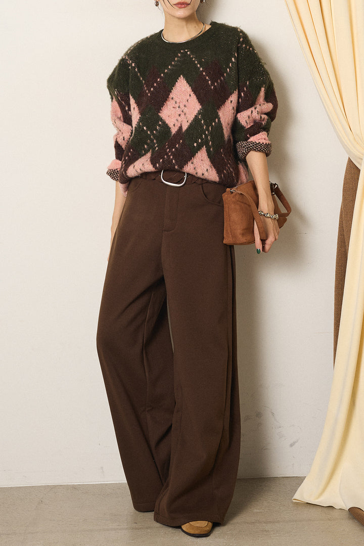 [SET]配色アーガイル柄ニットトップス+編みベルト付きワイドパンツ(2set)
