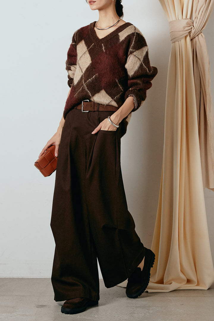 [SET]アクリルモヘアアーガイルVネックプルオーバー+太ベルト付きタックデザインワイドパンツ(2set)