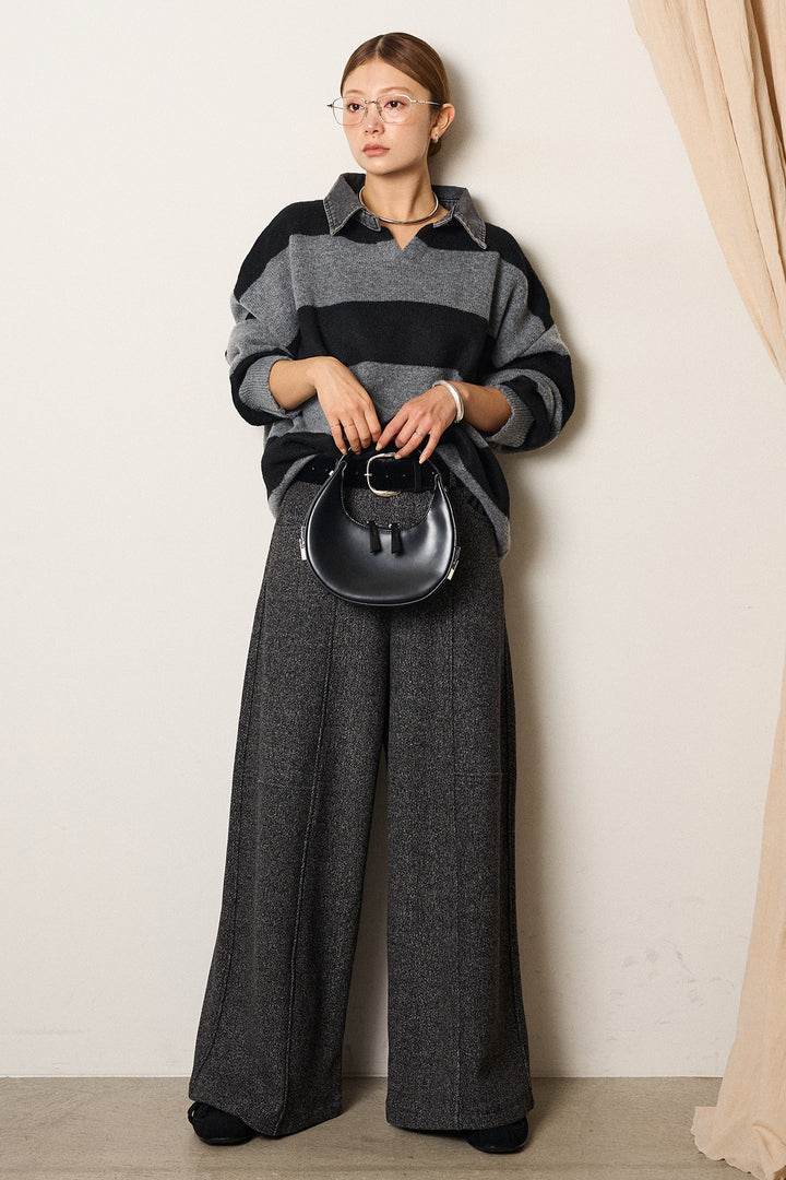 [SET]デニムカラーボーダールーズニット+太ベルト付きツイードワイドパンツ(2set)