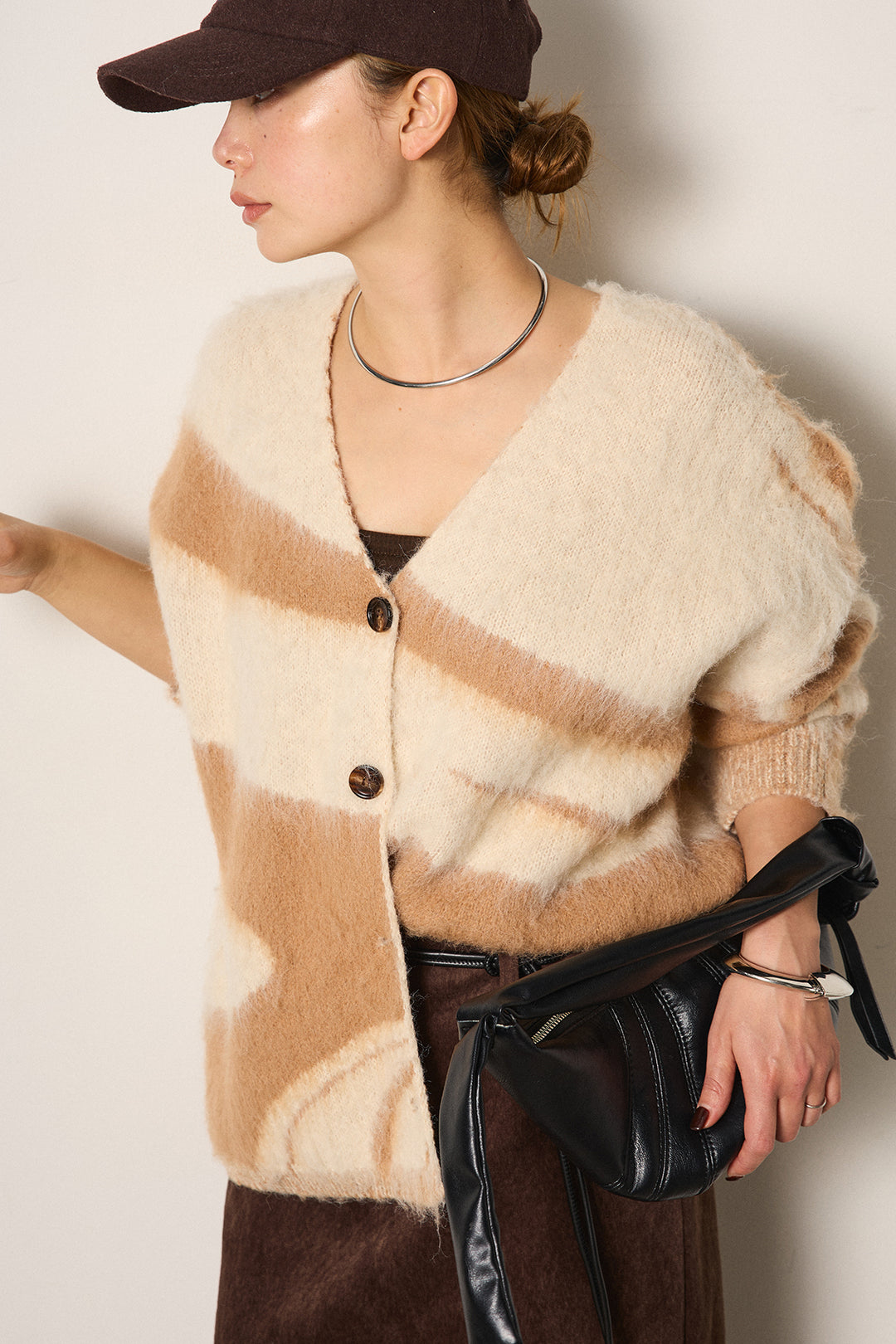 [SET]アクセントブラッシュドカーディガン+ロープベルト付きスウェード調スカート(2set)