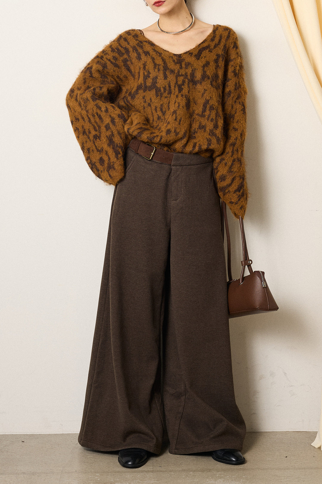 [SET]フラッフィーレオパードシャギーニット+サイドベルトパンツ(2set)