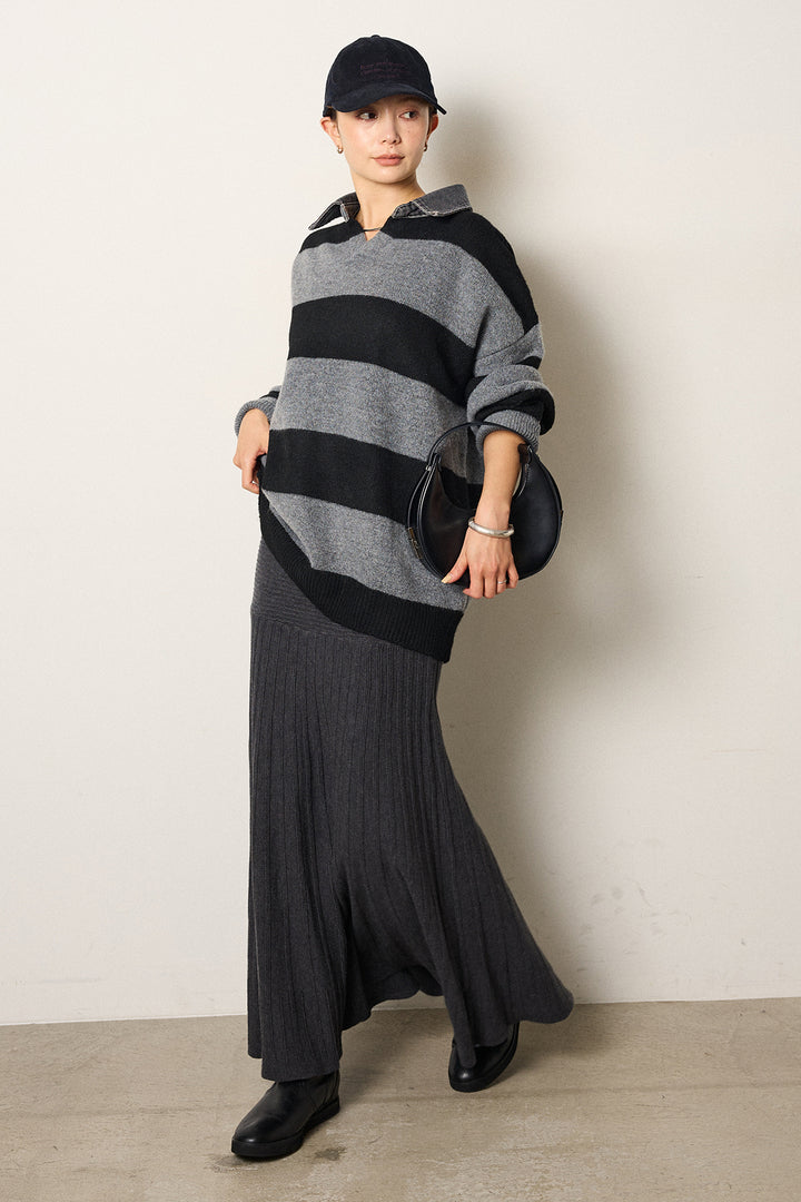 [SET]デニムカラーボーダールーズニット+編み地切り替えフレアニットスカート(2set)