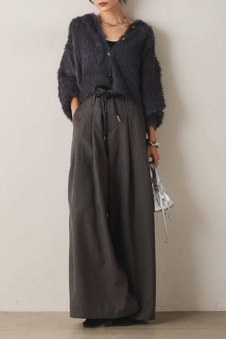 [SET]フェザーヤーン衿付きカーディガン+細ベルト付きワイドパンツ(2set)