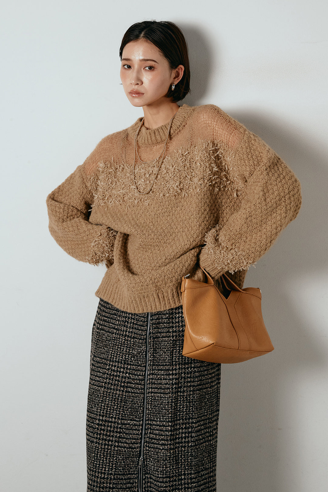 [SET]パターンランダム編みニットトップス+グレンチェック柄フロントジップタイトスカート(2set)