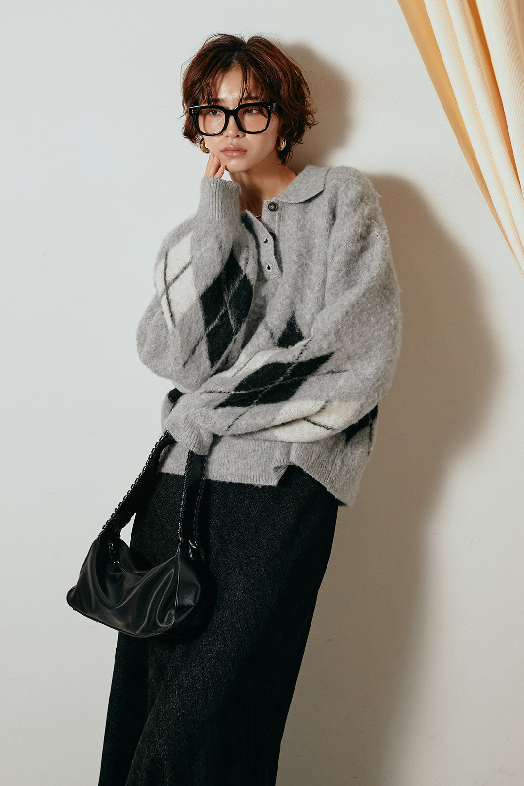 [SET]アーガイル柄ポロニットトップス+スウェードライクロングスカート(2set)