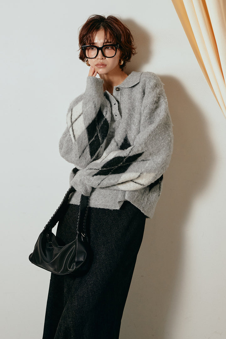 [SET]アーガイル柄ポロニットトップス+スウェードライクロングスカート(2set)