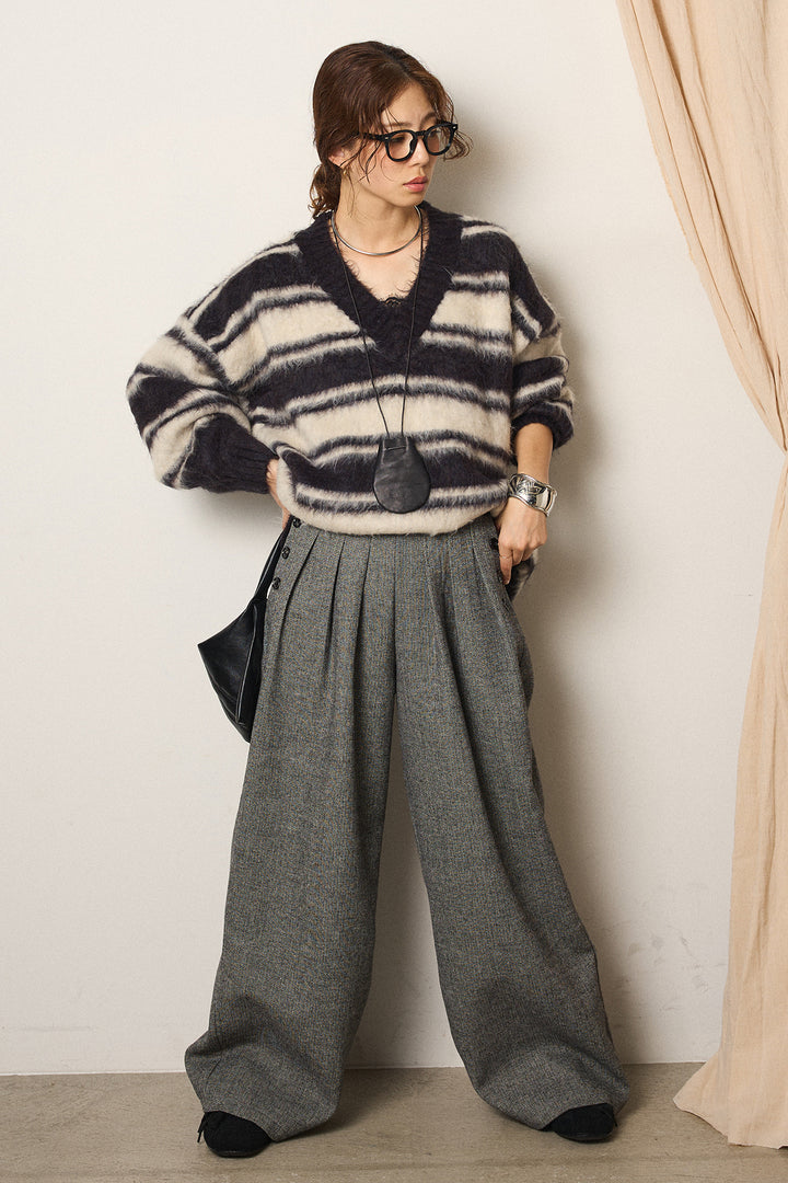 [SET]ルーズVネックボーダーニットトップス+サイドボタンツイードタックパンツ(2set)