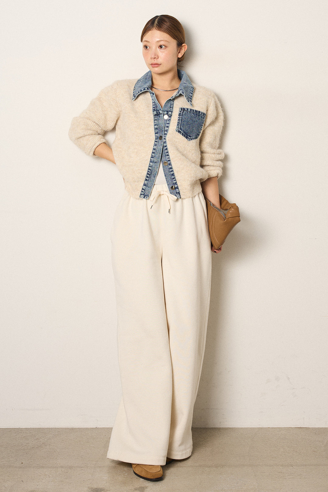 [SET]襟付きデニム切替ニットカーディガン+裏起毛スウェットワイドパンツ(2set)