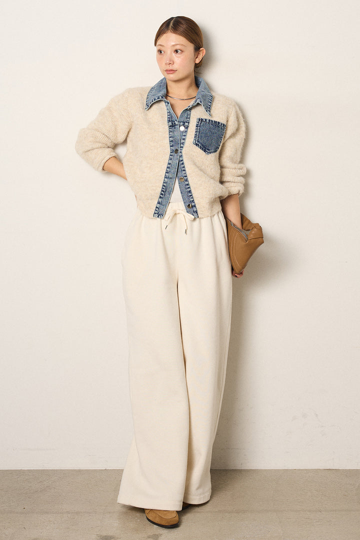 [SET]襟付きデニム切替ニットカーディガン+裏起毛スウェットワイドパンツ(2set)