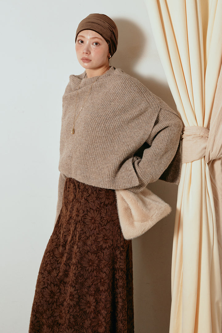 [SET]ケープデザインリブニットトップス+花柄刺繍ベロアフレアスカート(2set)