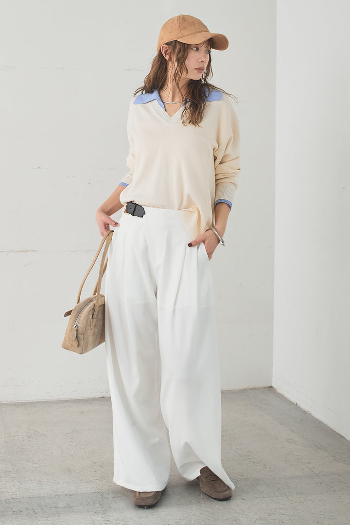 [SET]バイカラーニットレイヤード風プルオーバー+サイドベルトタック入りスラックス(2set)