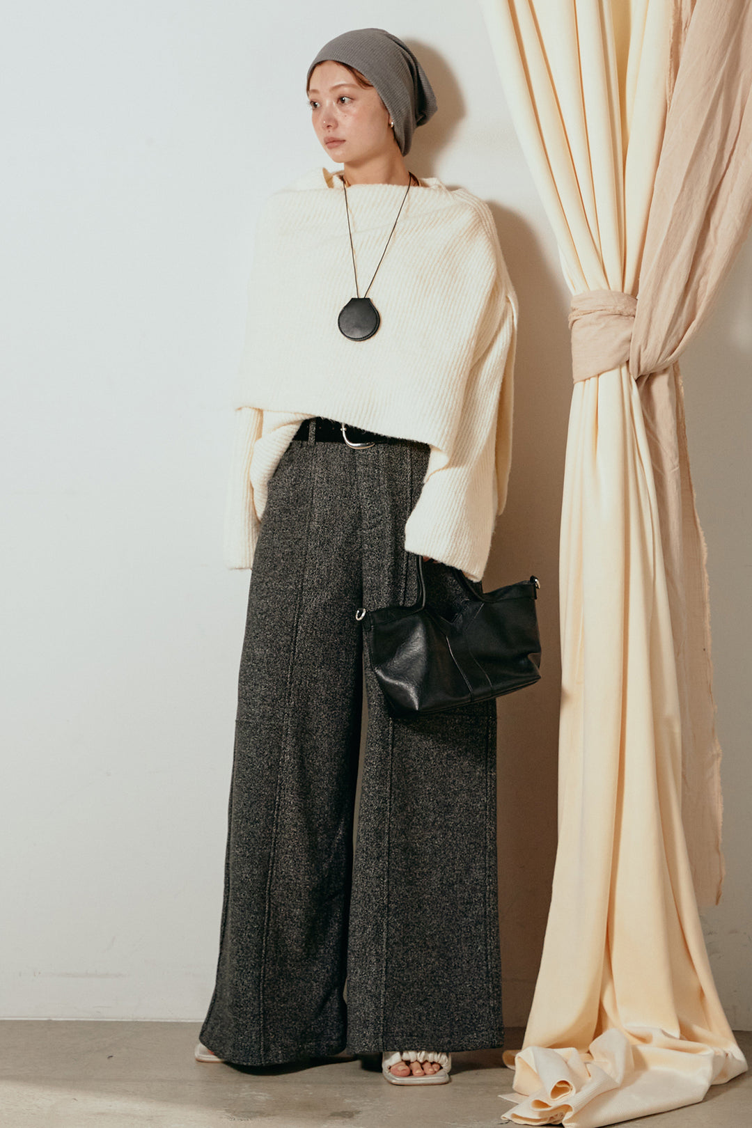 [SET]ケープデザインリブニットトップス+太ベルト付きツイードワイドパンツ(2set)