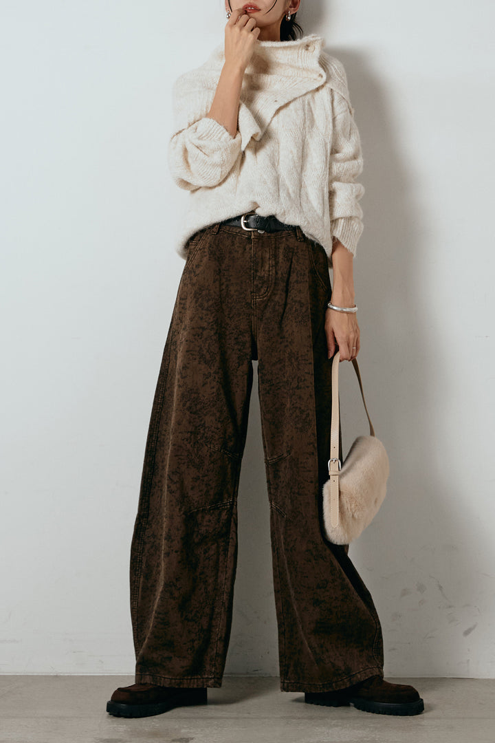 [SET]ケープデザインケーブルニットトップス+ベルト付きニュアンス柄カーブワイドパンツ(2set)