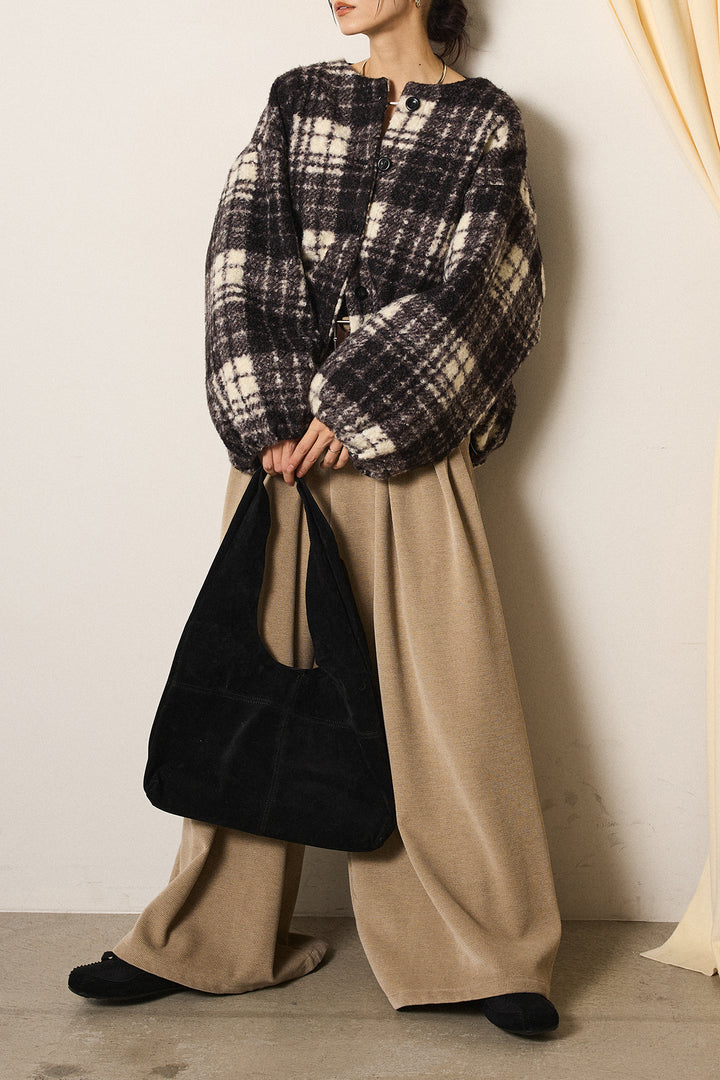 [SET]ノーカラーチェック柄ボアブルゾン+ベルトループコーデュロイワイドパンツ(2set)