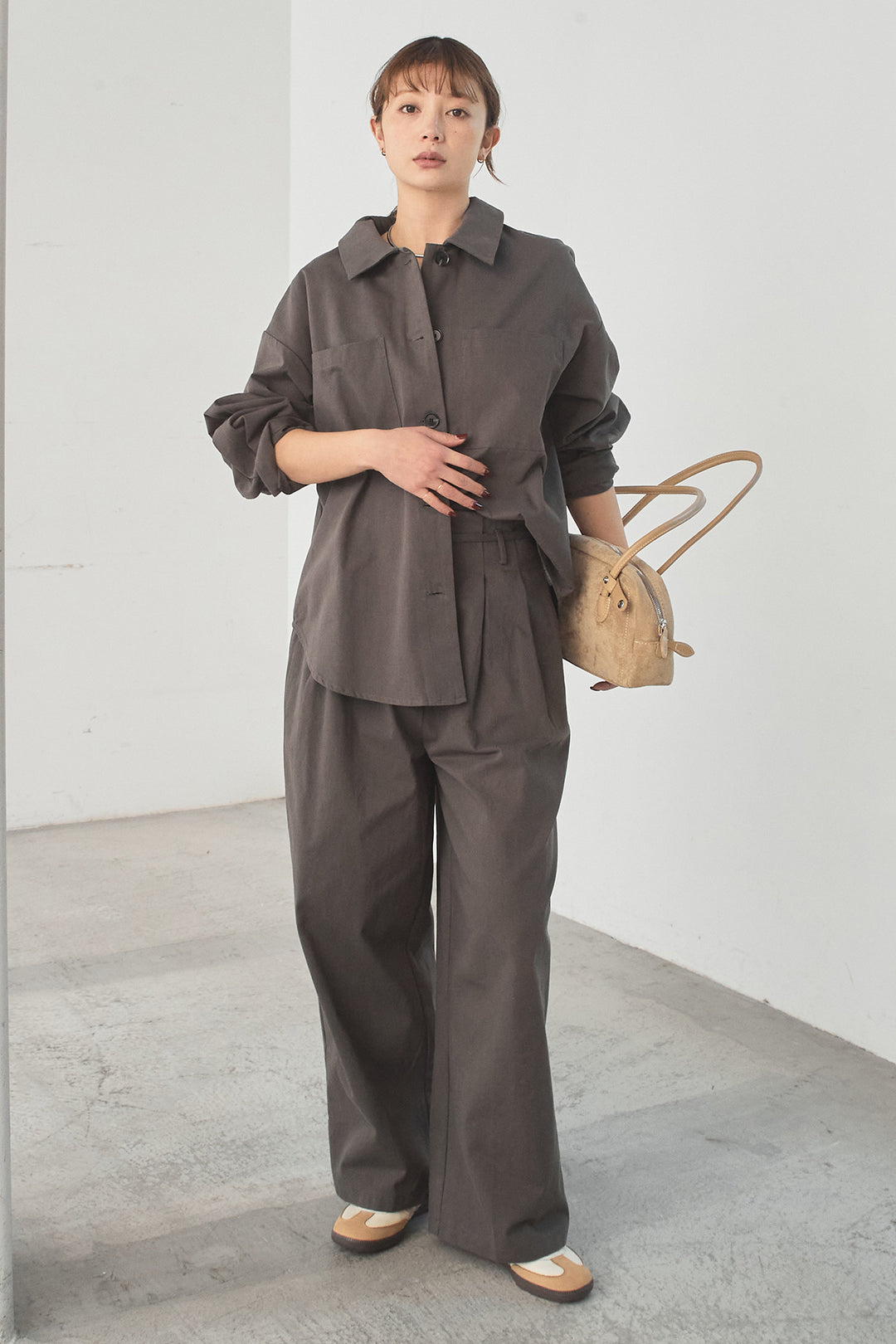 [SET]ツイルシャツジャケット+ツイルハイウエストタックパンツ(2set)