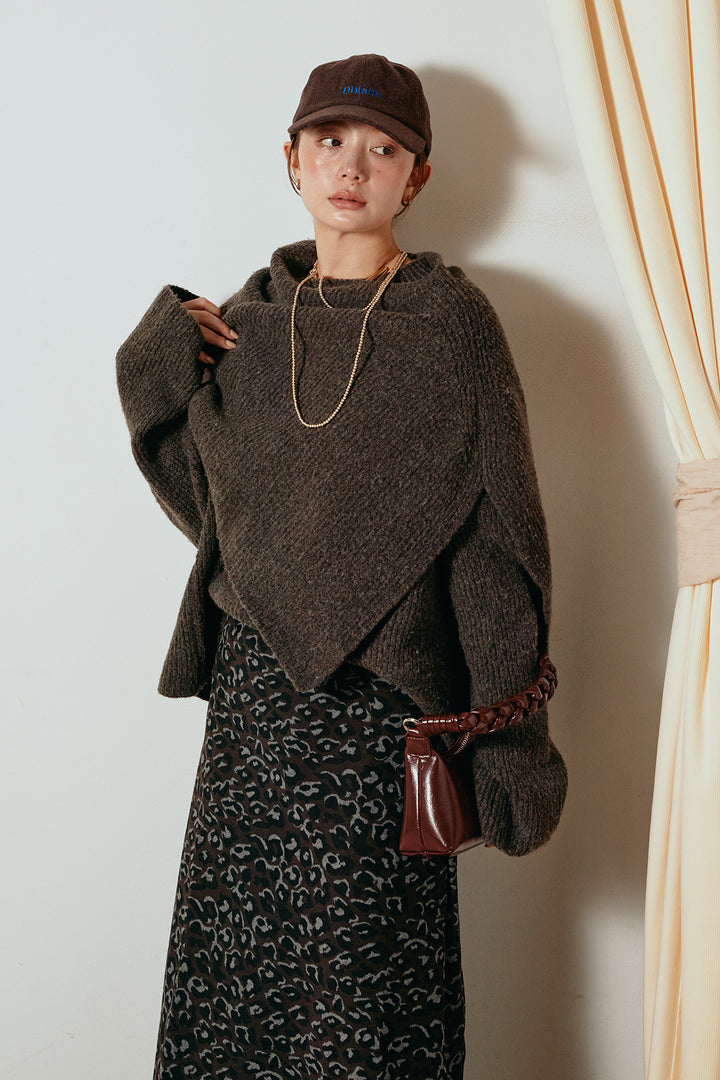 [SET]ケープデザインリブニットトップス+レオパードロングスカート(2set)