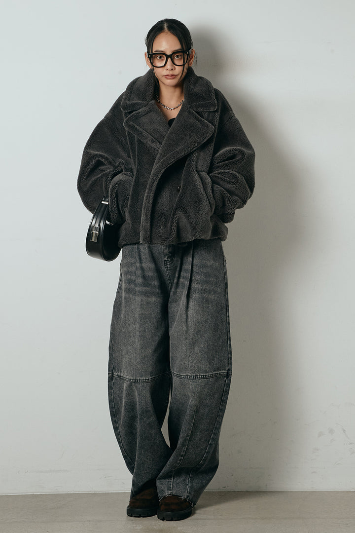 【2月中旬発送】
[SET]テディボアショートジャケット+加工デニムタックコクーンワイドパンツ(2set)