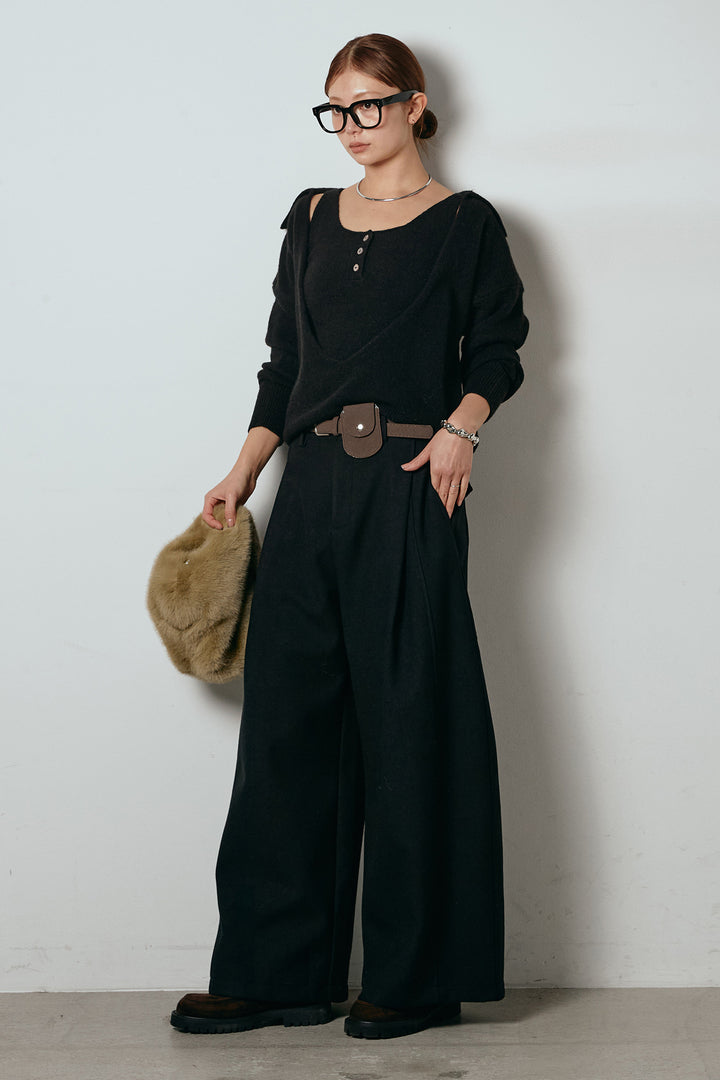 [SET]襟付きレイヤードニットトップス+ポーチベルト付きカーブパンツ(2set)