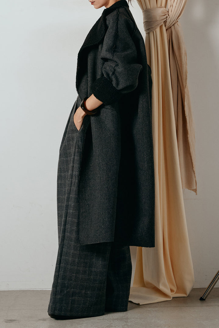 [SET]裏地ボアハイネックロングアウター+ウールライクチェックタックパンツ(2set)