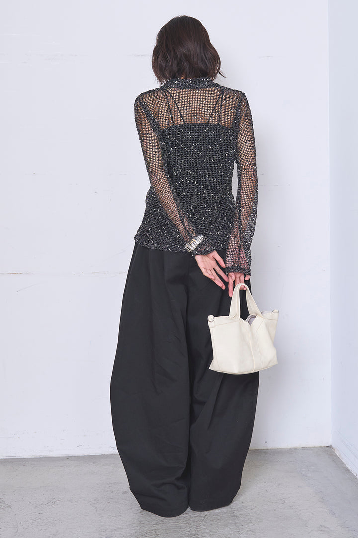 [SET]ネップメッシュポロ襟カーディガン+紐ベルト付きカーブワイドパンツ(2set)