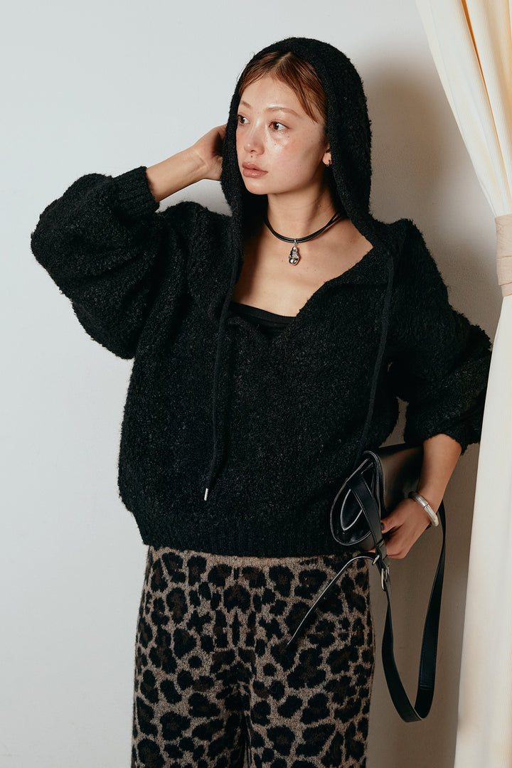 [SET]ブークレキーネックプルオーバー+リラックスレオパード柄ニットパンツ(2set)