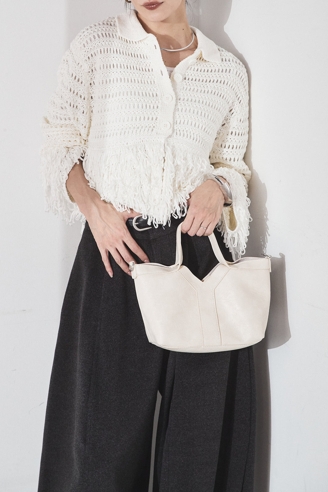 [SET]メッシュフリンジカーディガン+ウールタッチカーブワイドパンツ(2set)