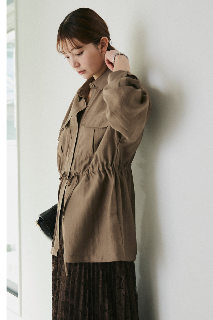 [SET]リネンブレンドシアーサファリシャツ+リラックスプリーツスカート(2set)