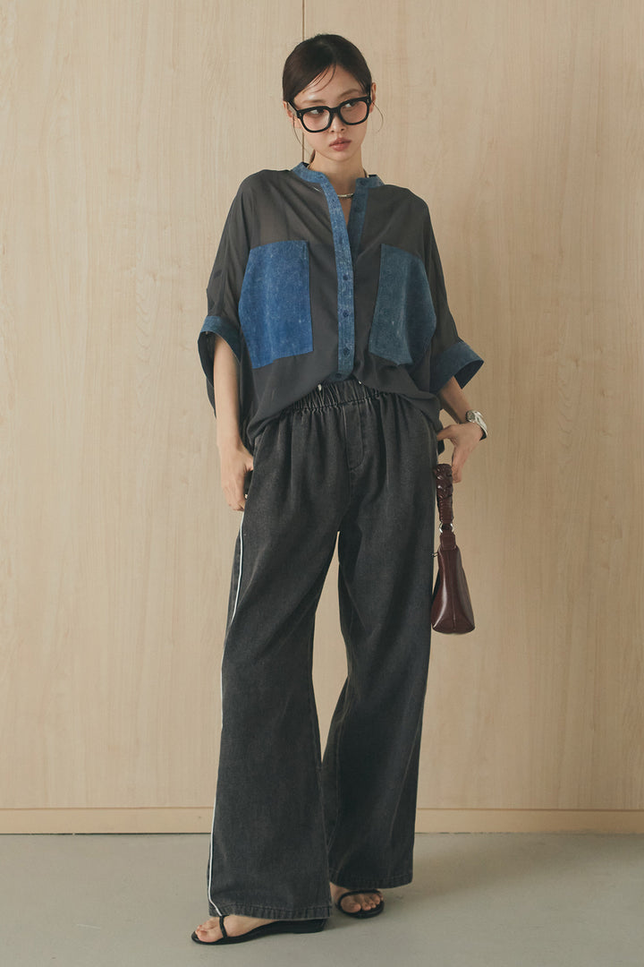 [SET]デニムライクビッグツーポケシアーシャツ+ドロストサイドラインデニムパンツ(2set)