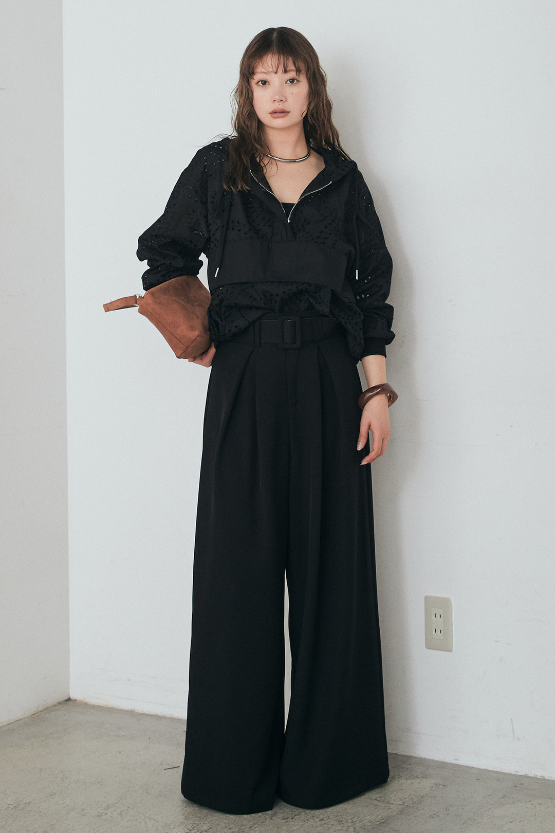 [SET]レースハーフジップアップフーディー+ベルト付きツータックワイドパンツ(2set)